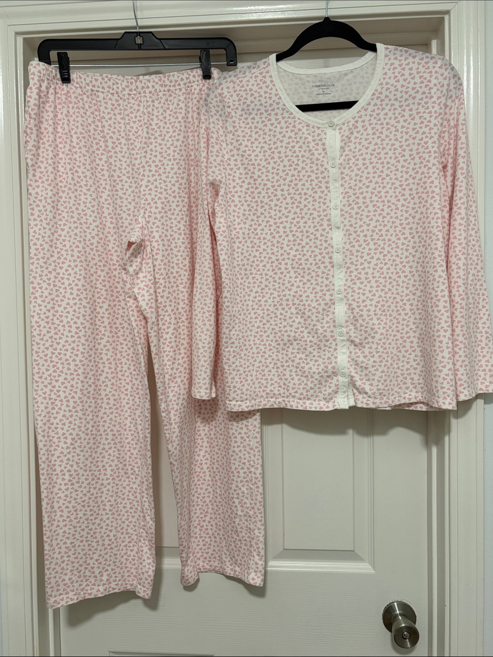Charter Club Pink & White Heart-Print Button-Up Pajama Set